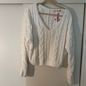 Pink Rose Cream V-Neck Cable Knit Sweater